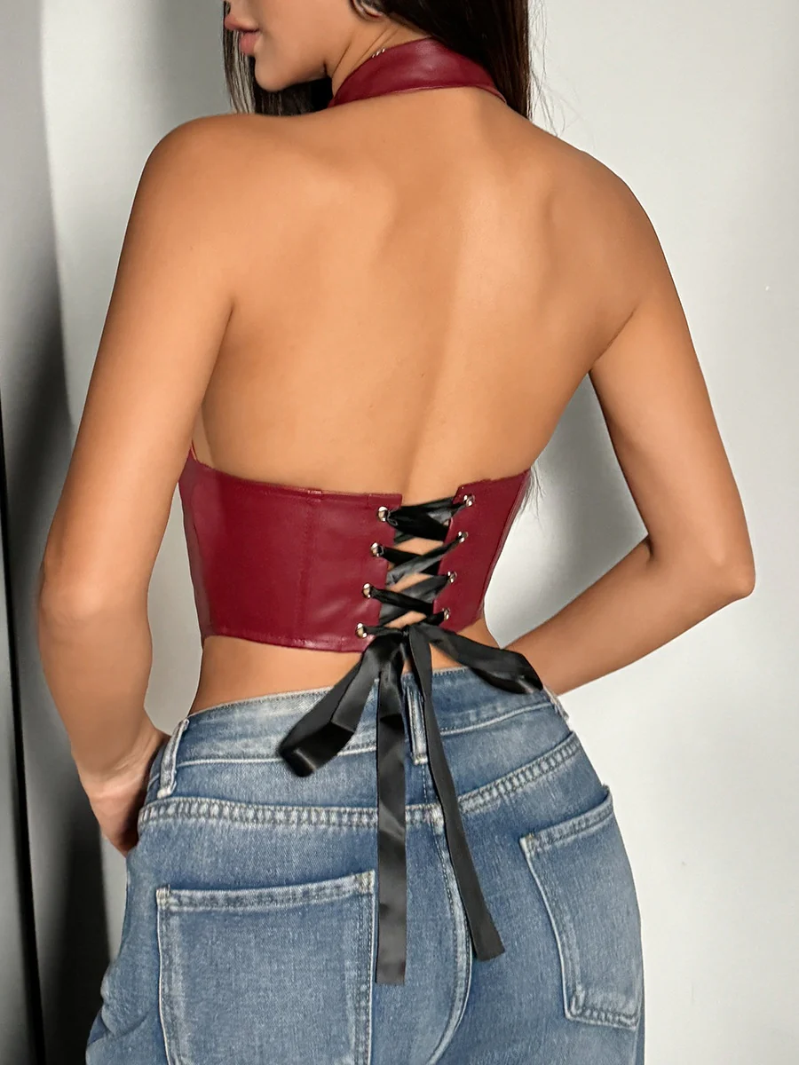 PU Leather Halter Button-down Style Waist Camisoles - Image 18