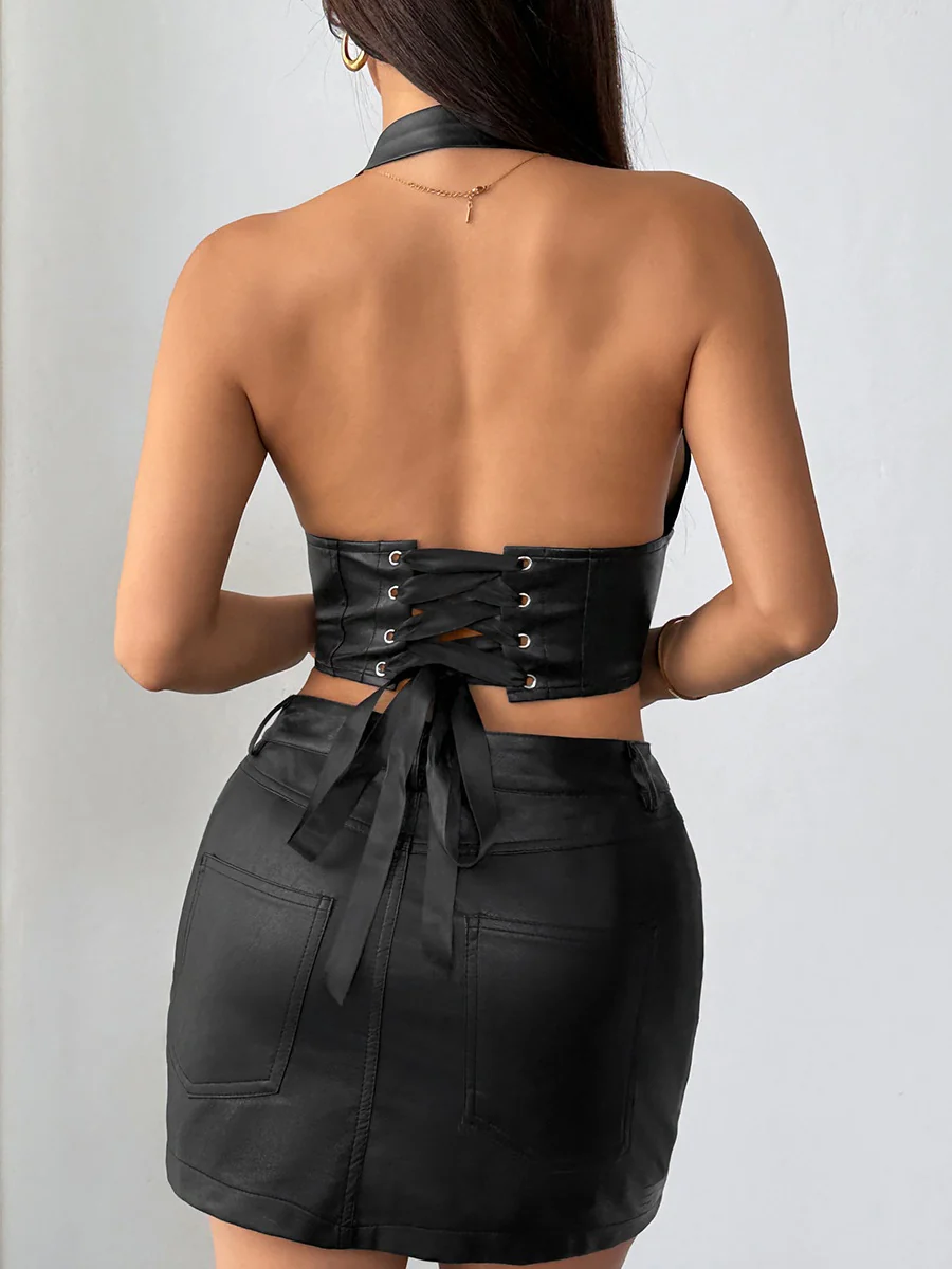 PU Leather Halter Button-down Style Waist Camisoles - Image 6