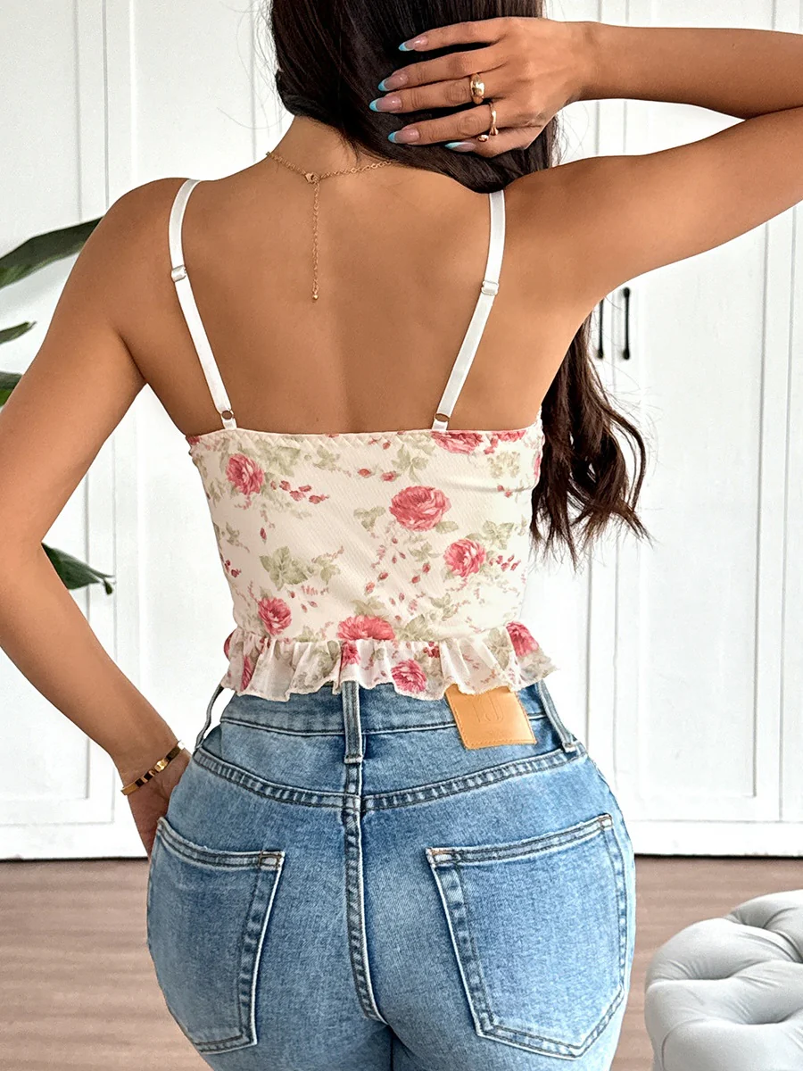 Sweet Floral Lace Ribbon Lace Up Camisoles - Image 12