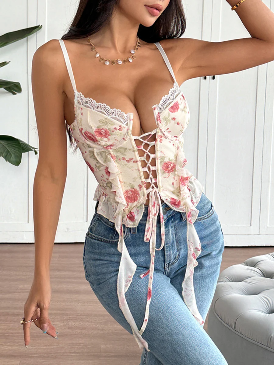 Sweet Floral Lace Ribbon Lace Up Camisoles - Image 13
