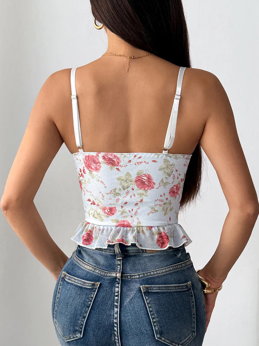 Sweet Floral Lace Ribbon Lace Up Camisoles - Image 3