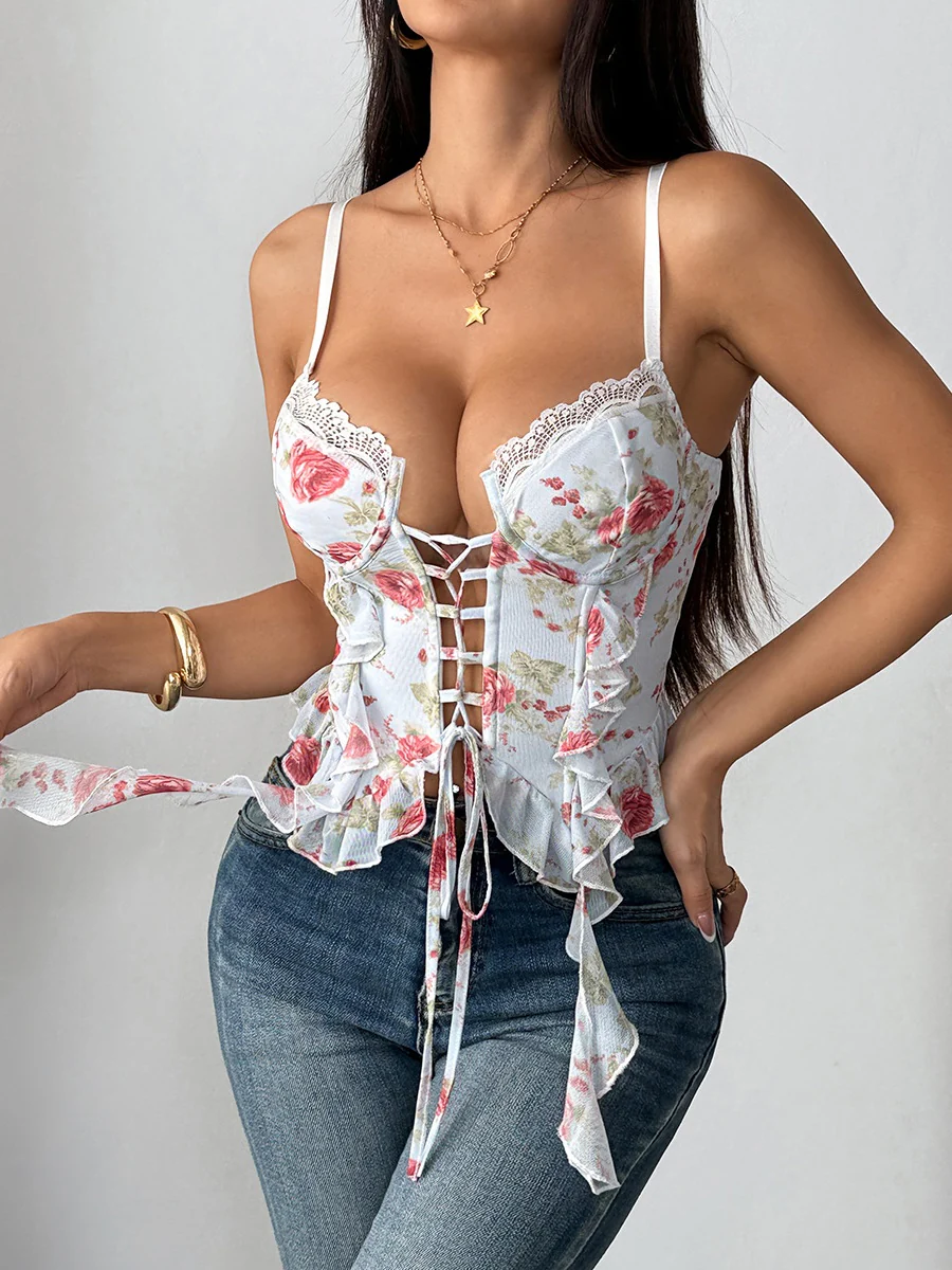 Sweet Floral Lace Ribbon Lace Up Camisoles - Image 6