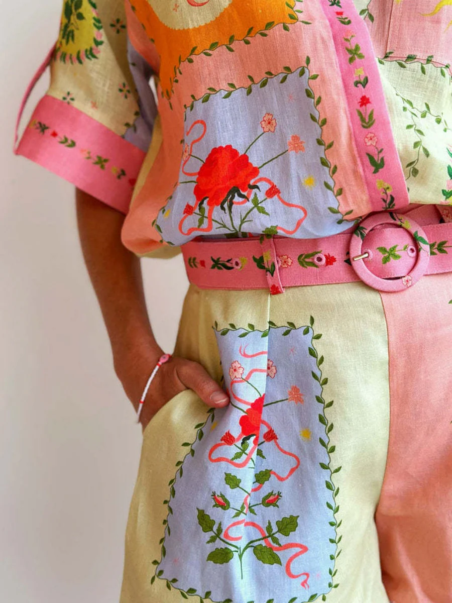 Floral Print Casual And Stylish Linen Shirt And Shorts Two-piece Set - Image 3