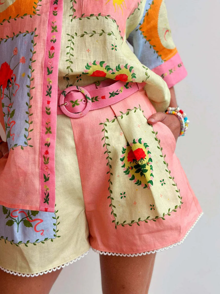 Floral Print Casual And Stylish Linen Shirt And Shorts Two-piece Set - Image 4