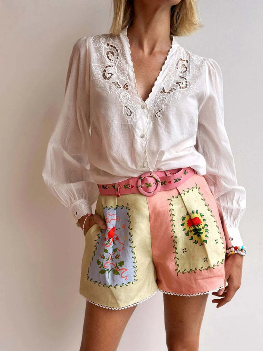 Floral Print Casual And Stylish Linen Shirt And Shorts Two-piece Set - Image 5