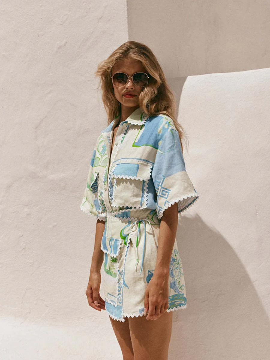 Trim Geometric Print Stylish Shirt And Shorts Two-piece Set - Image 2