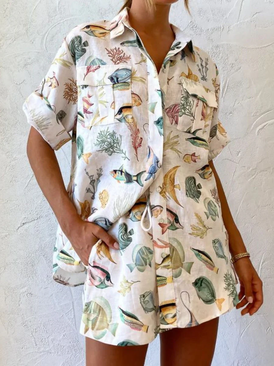 Fish Print Short-sleeved Vacation Style Casual Tie-up Two-piece Set