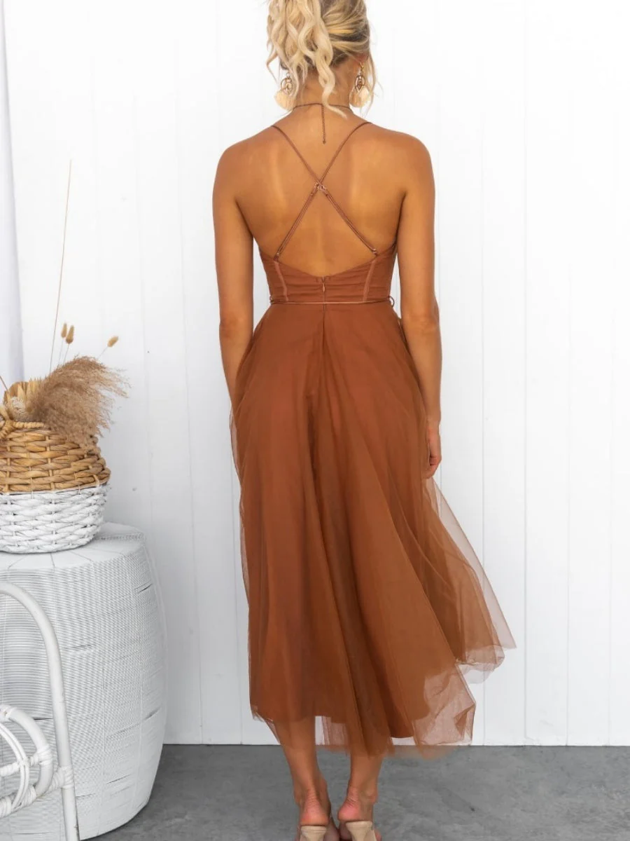 Mesh Lace Up Fishbone Camisoles Midi Dresses - Image 2