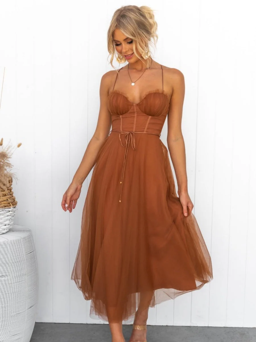 Mesh Lace Up Fishbone Camisoles Midi Dresses - Image 3