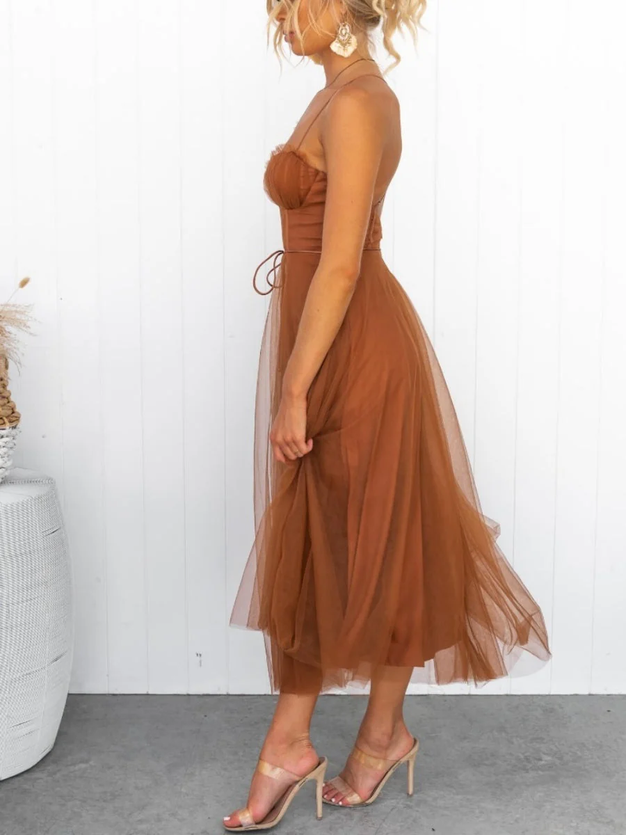 Mesh Lace Up Fishbone Camisoles Midi Dresses - Image 4