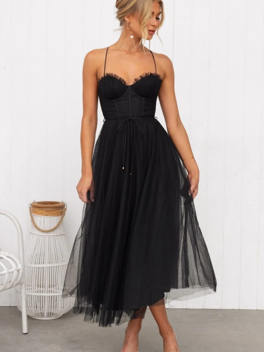 Mesh Lace Up Fishbone Camisoles Midi Dresses - Image 6