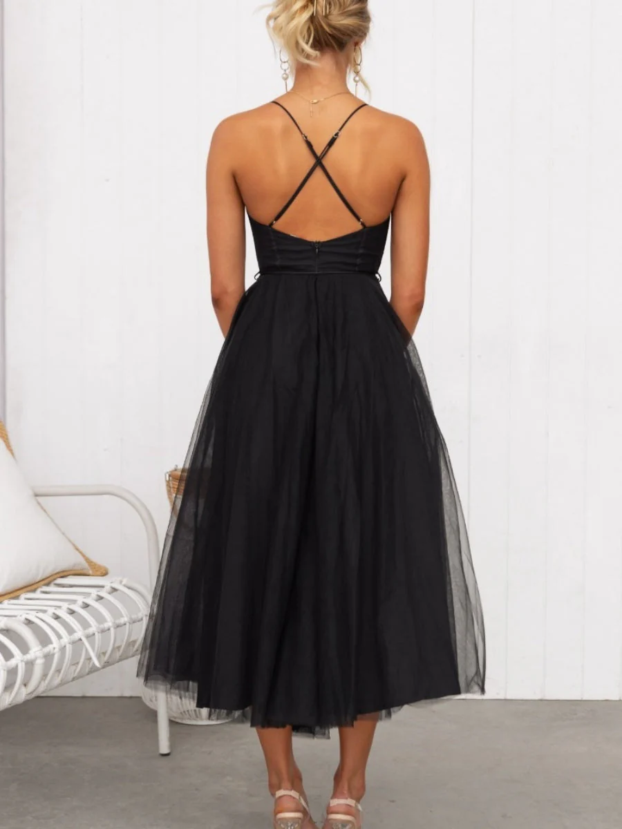 Mesh Lace Up Fishbone Camisoles Midi Dresses - Image 7