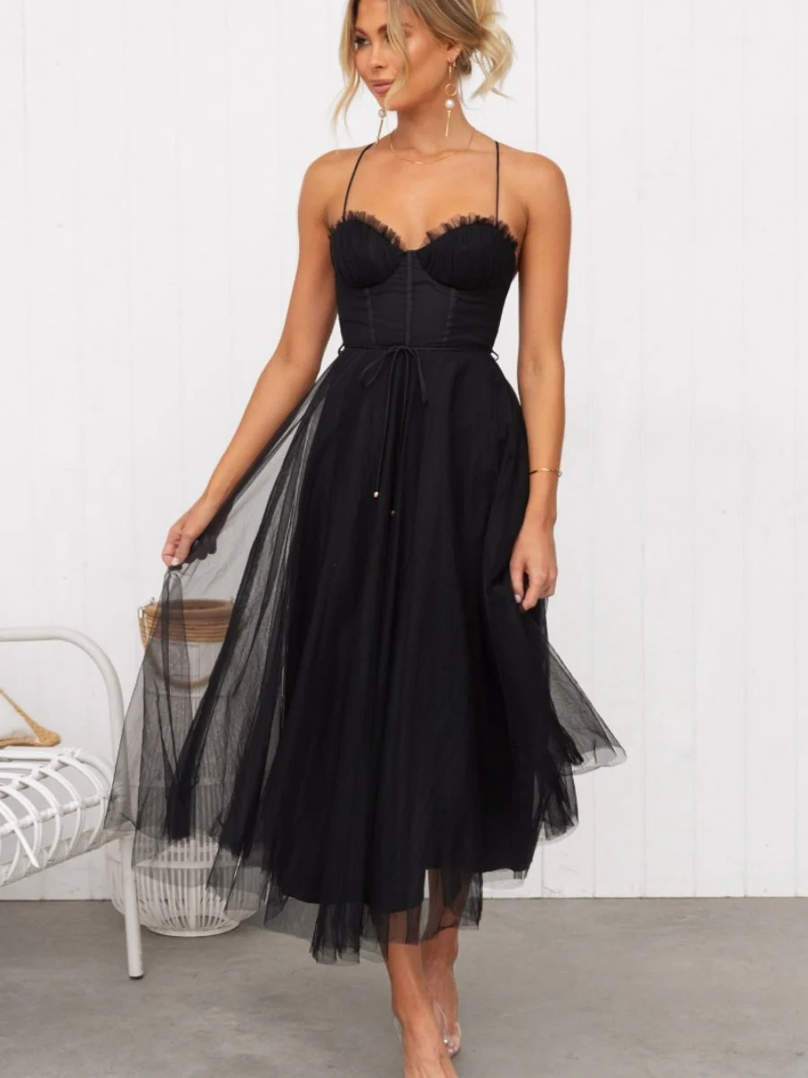 Mesh Lace Up Fishbone Camisoles Midi Dresses - Image 8