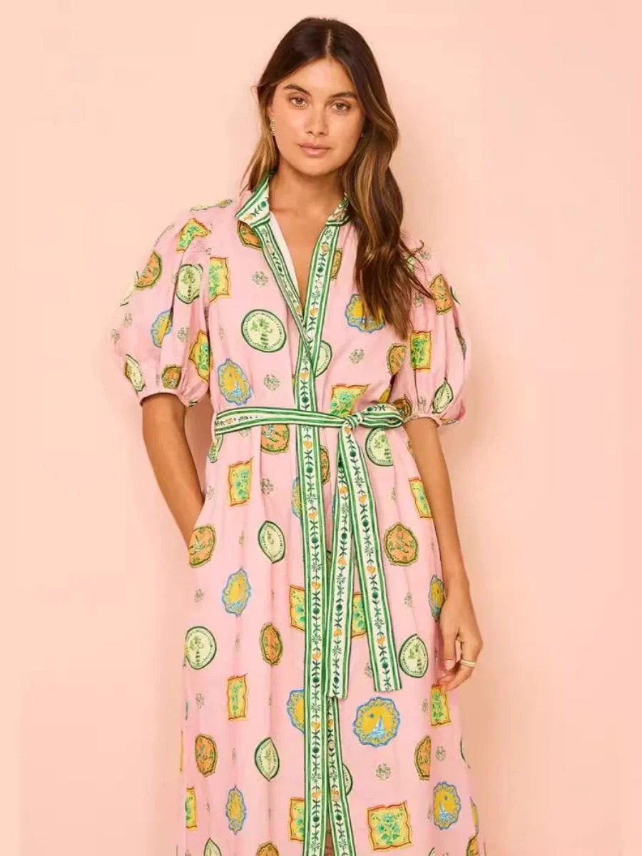 Personalized Graffiti Lantern Sleeve Cardigan, Casual And Stylish Linen Long Dress - Image 6