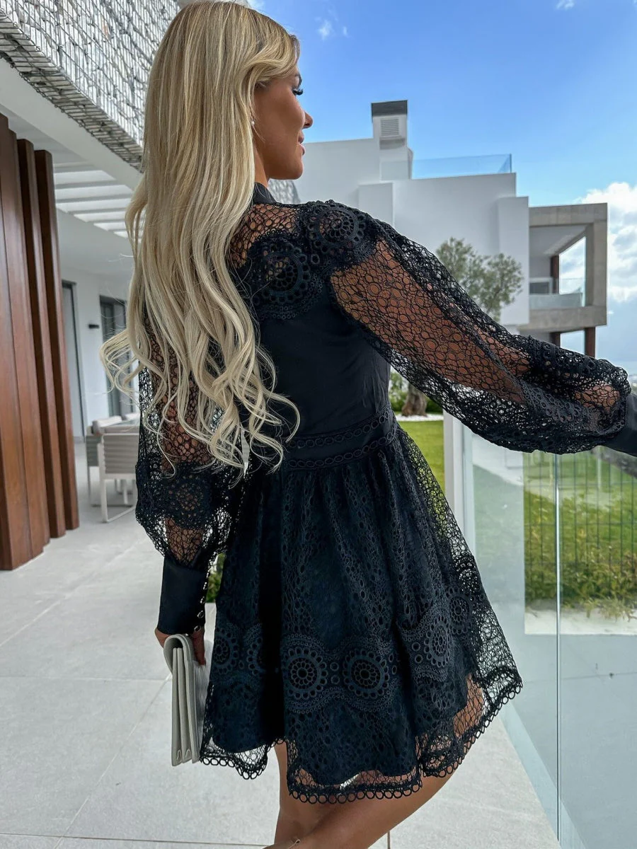 Sexy Lace-trimmed Zippered Long-sleeved Short Dress With An Instagram-worthy Style - Image 12