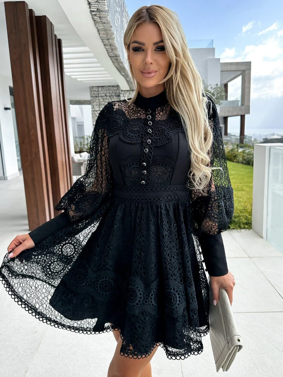 Sexy Lace-trimmed Zippered Long-sleeved Short Dress With An Instagram-worthy Style - Image 7