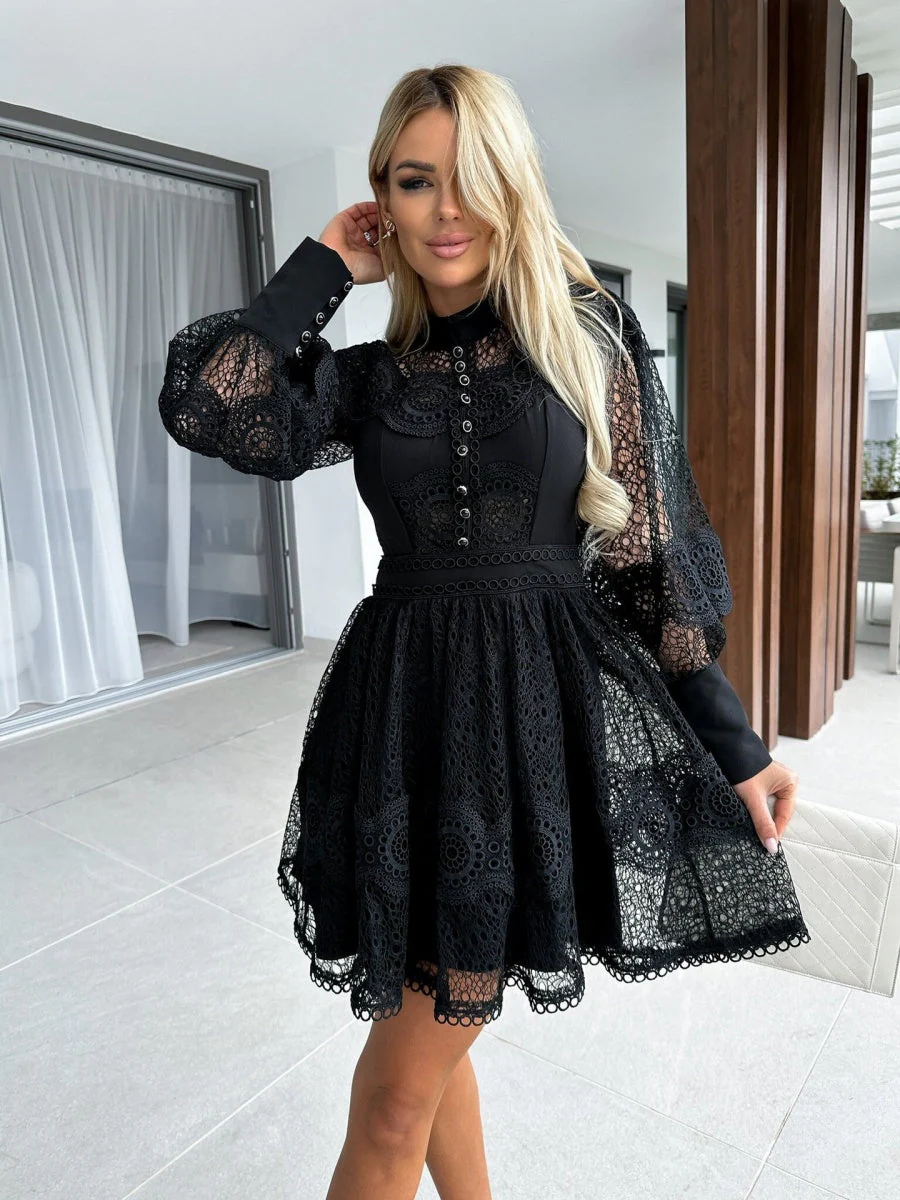 Sexy Lace-trimmed Zippered Long-sleeved Short Dress With An Instagram-worthy Style - Image 8