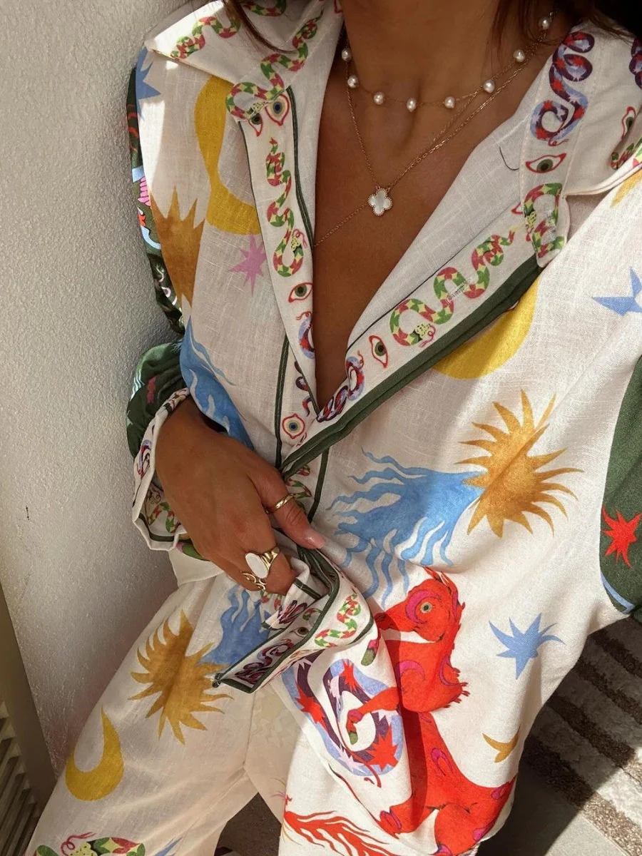 Two-piece Set Of Macaron-print Linen Long-sleeved Shirts - Image 3