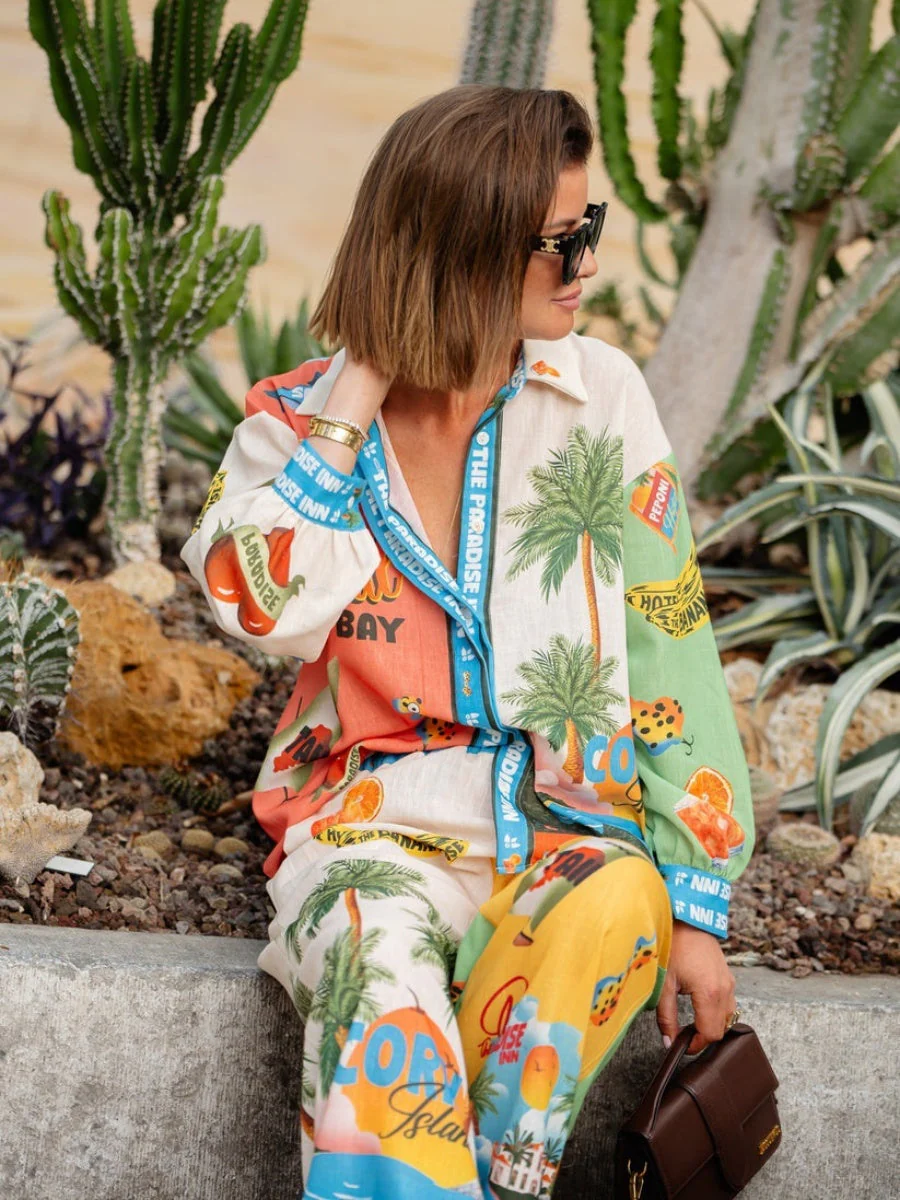 Two-piece Set Of Macaron-print Linen Long-sleeved Shirts - Image 9