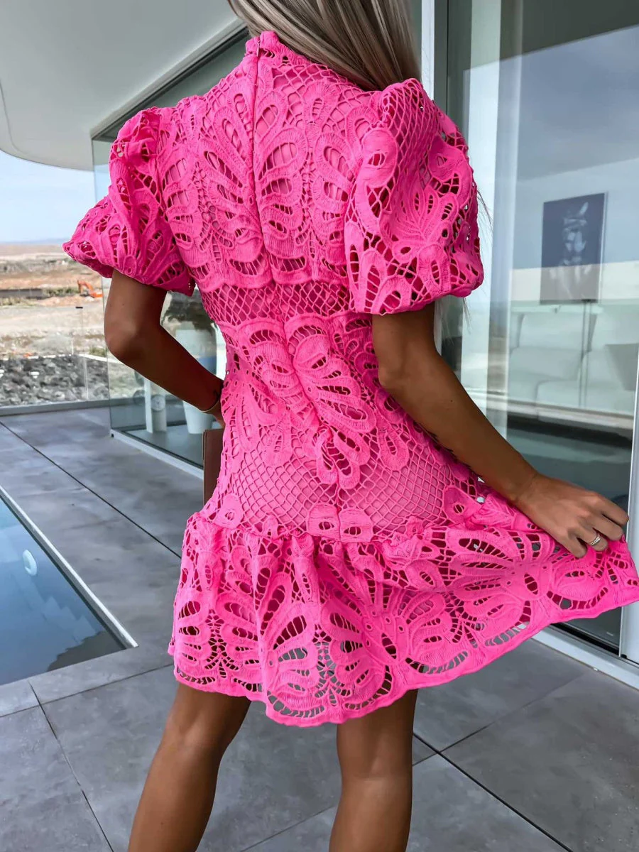 Solid Color Hollowed-out Water-soluble Lace Trim Elegant Mini&Short Dresses - Image 5