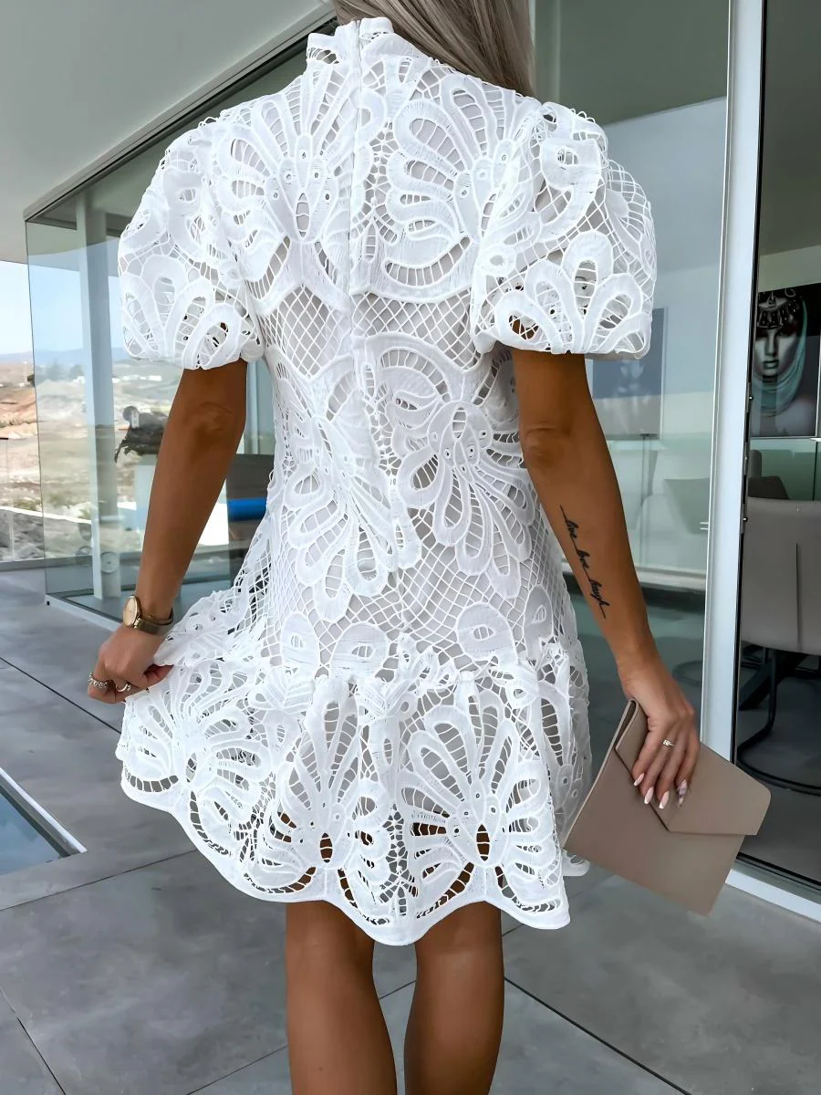 Solid Color Hollowed-out Water-soluble Lace Trim Elegant Mini&Short Dresses - Image 9