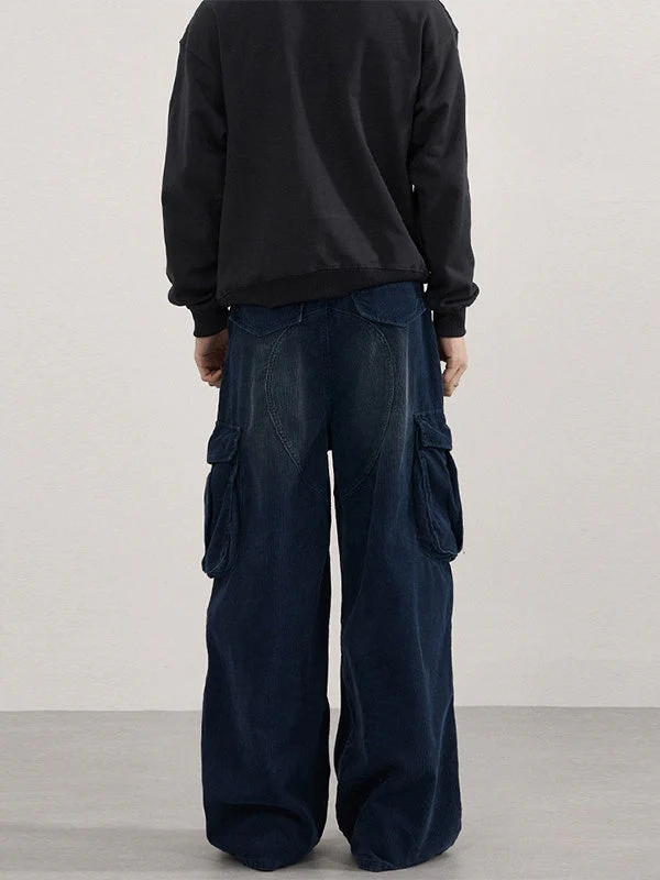 Retro Washing Corduroy Leisure Pleated Multiple Pockets Cargo Trousers - Image 3
