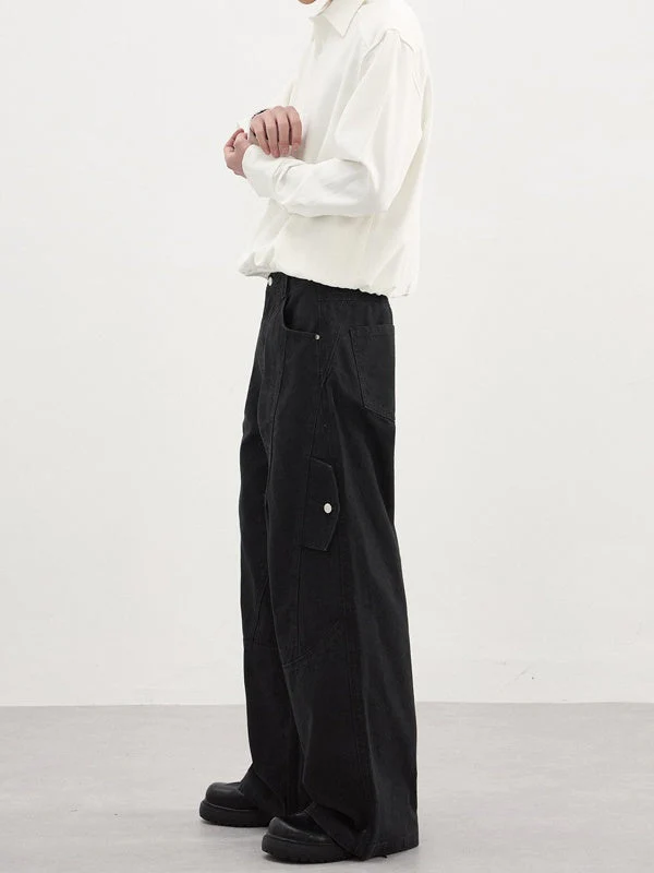 Deconstructed Double-Side-Button Vintage Baggy Straight Cargo Pants - Image 3