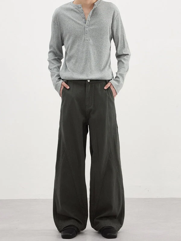 Slub-Weave Color-Block Washed Straight-Leg Pants