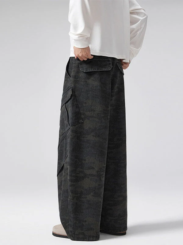 Retro Worn Out Machete Camouflage Multiple Pockets Pleated Cargo Trousers - Image 3