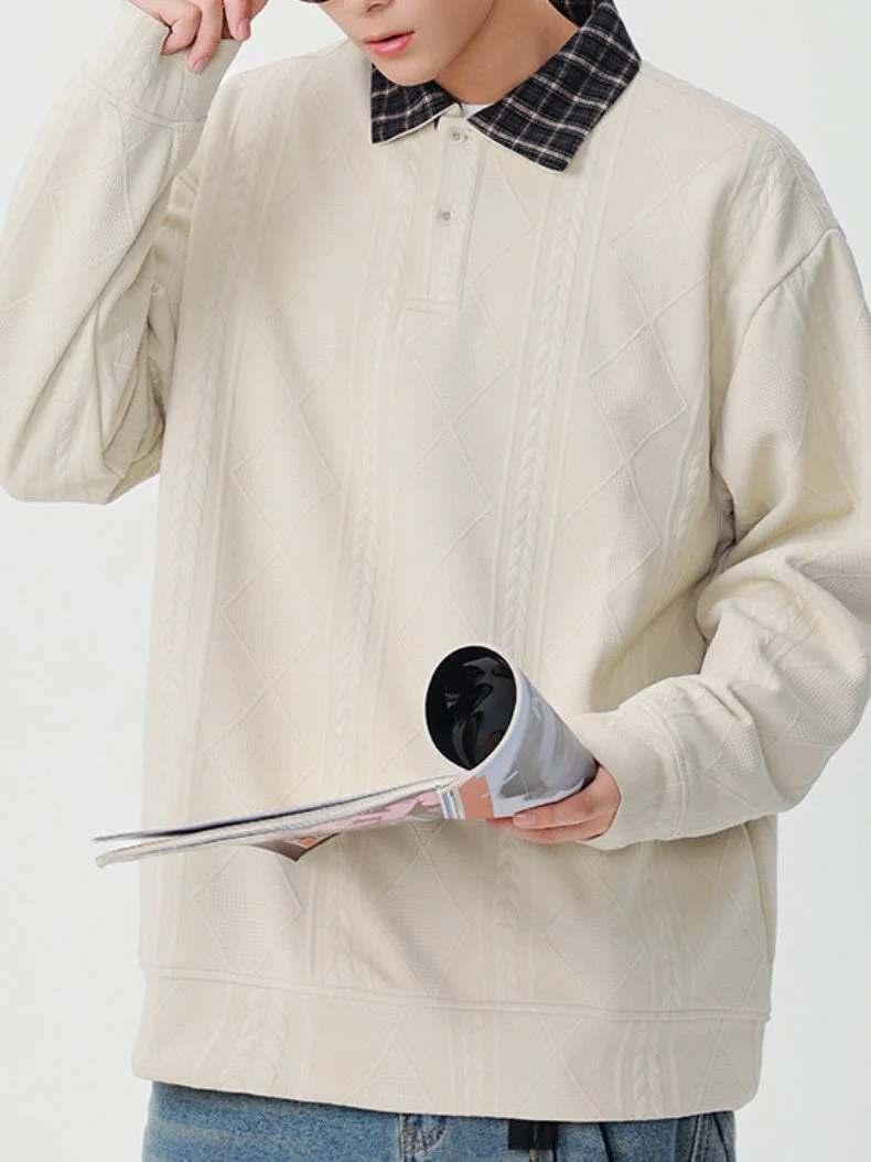 Knitted Jacquard Contrasting Colors Plaid Lapel Polo Shirt - Image 2