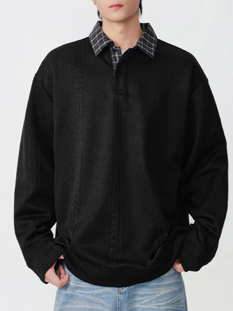 Knitted Jacquard Contrasting Colors Plaid Lapel Polo Shirt - Image 3