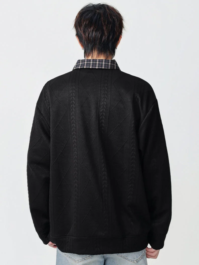 Knitted Jacquard Contrasting Colors Plaid Lapel Polo Shirt - Image 4