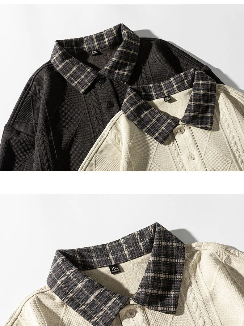 Knitted Jacquard Contrasting Colors Plaid Lapel Polo Shirt - Image 5