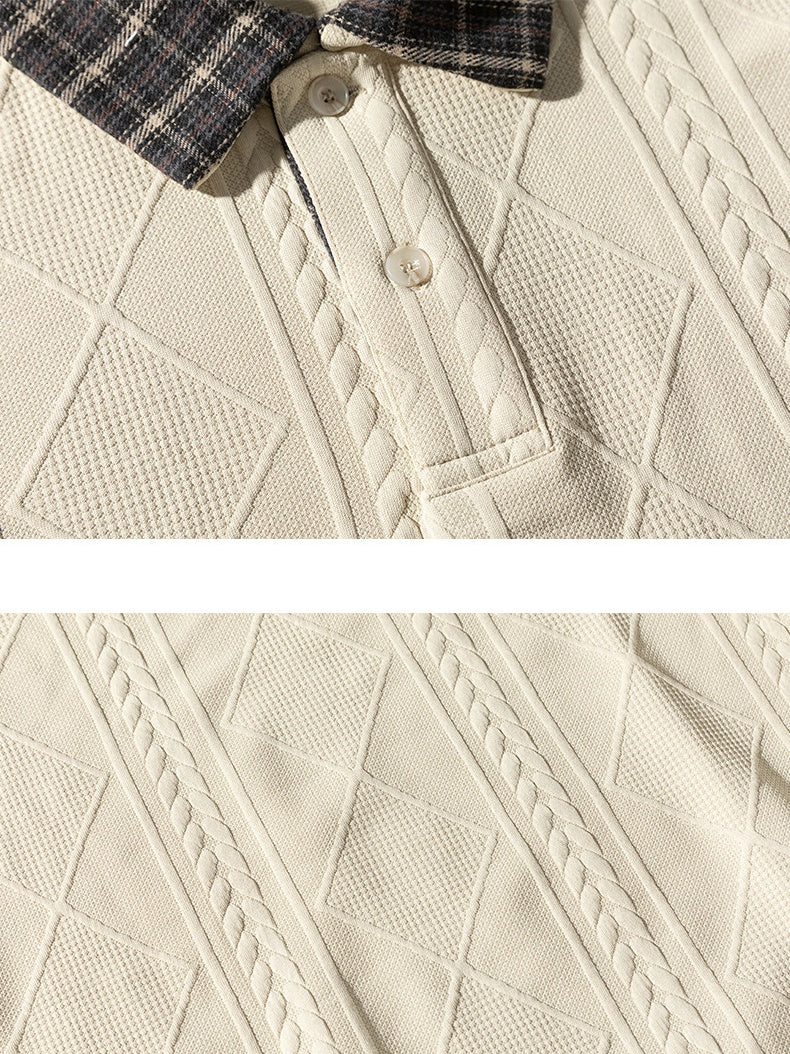 Knitted Jacquard Contrasting Colors Plaid Lapel Polo Shirt - Image 6