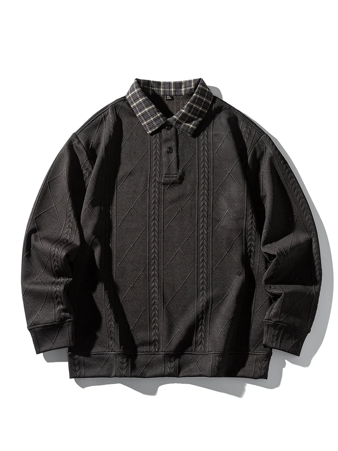 Knitted Jacquard Contrasting Colors Plaid Lapel Polo Shirt - Image 9