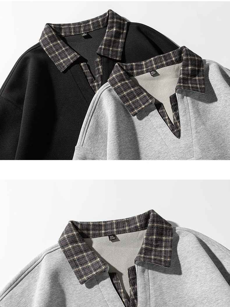 Retro Plaid Fake Two Pieces V-neck Polo Shirt - Image 4