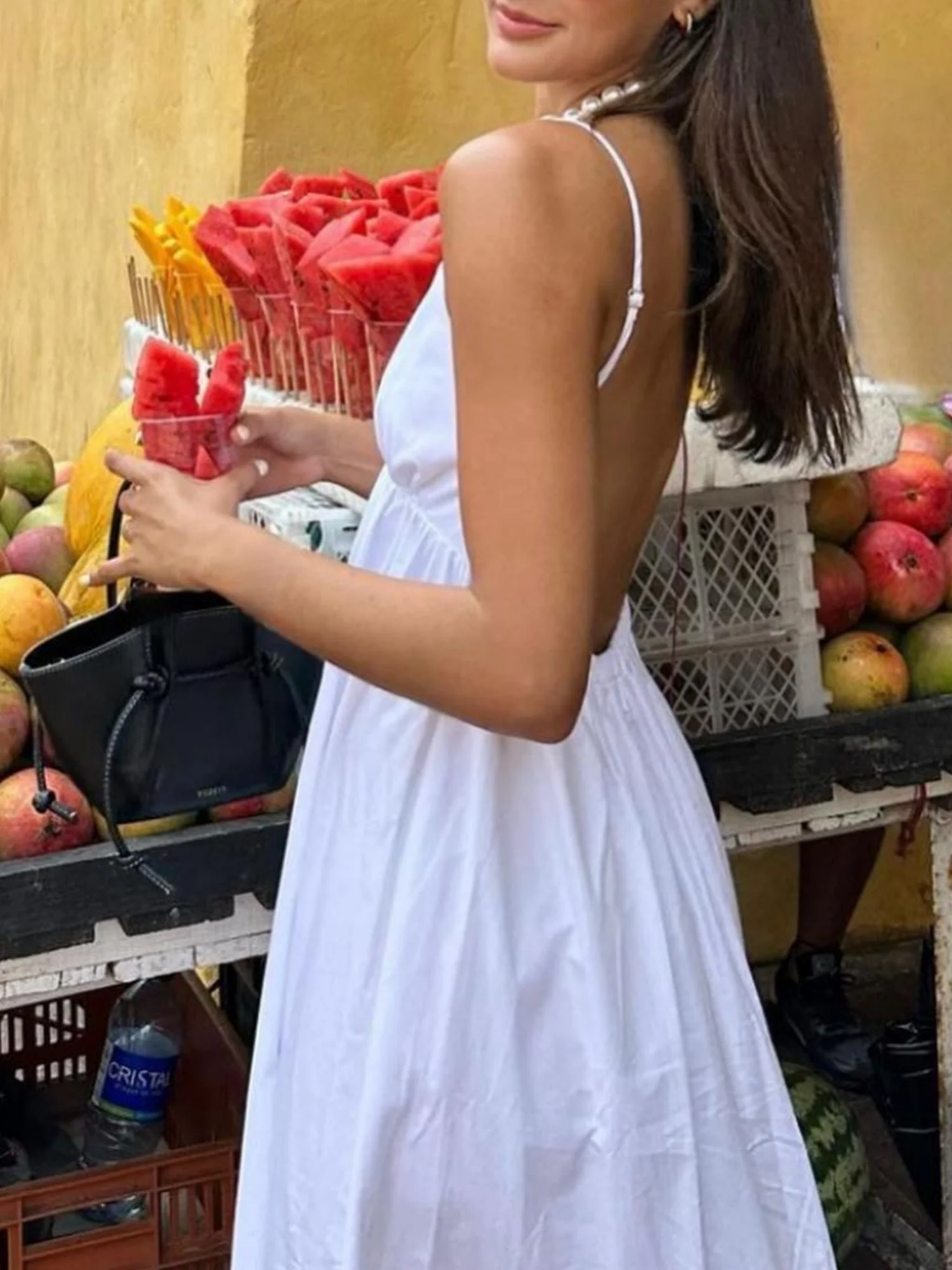 V-neck Suspenders Backless Pleats Maxi Dresses - Image 3