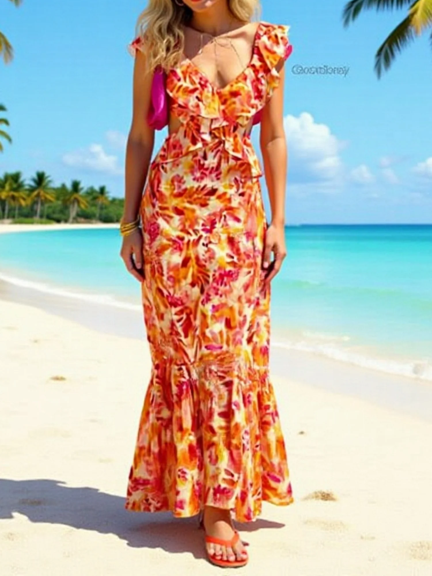Floral Print Cutouts Revealing The Waist And Back V-neck Suspenders Maxi Dresses