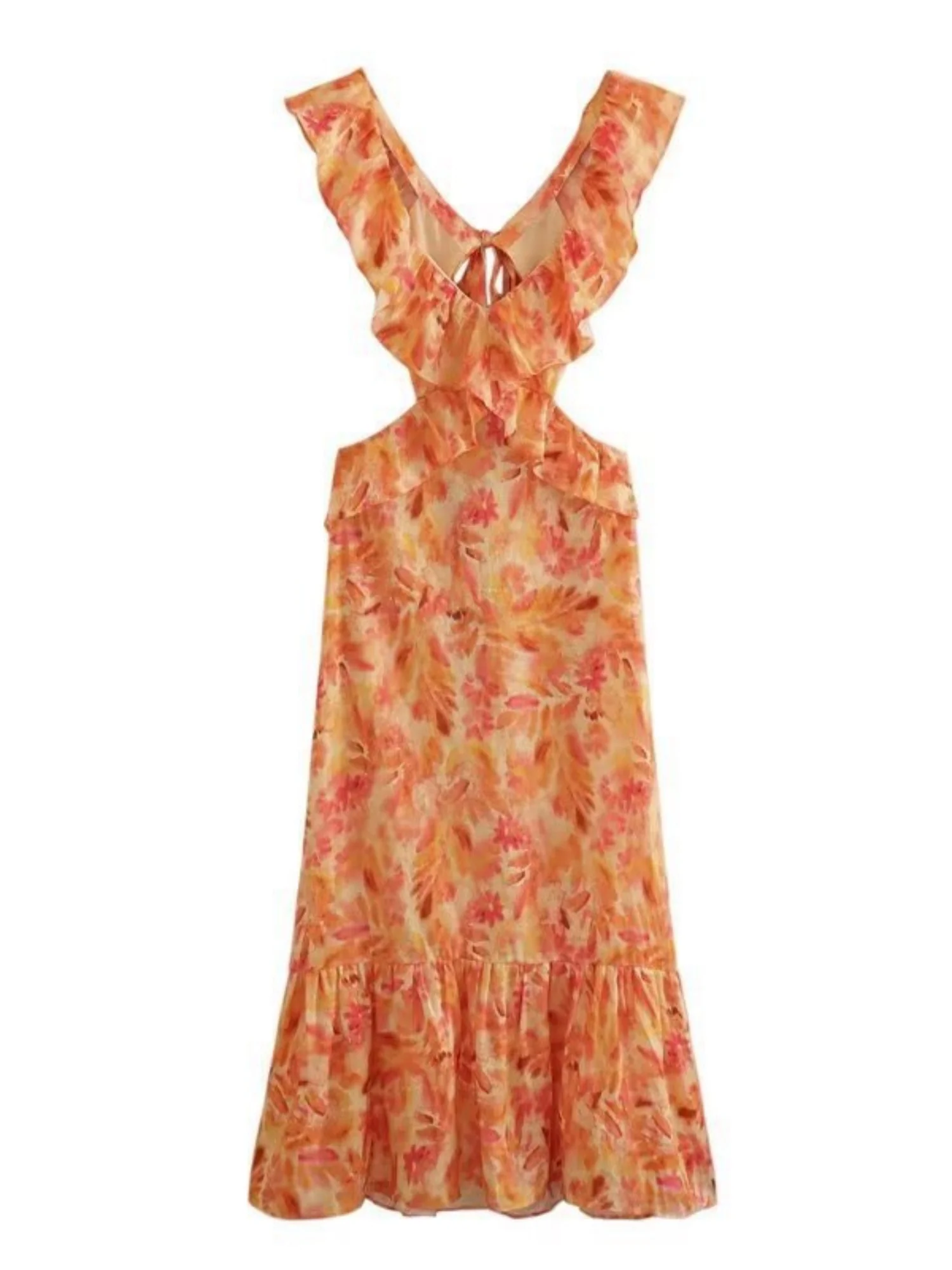 Floral Print Cutouts Revealing The Waist And Back V-neck Suspenders Maxi Dresses - Image 2