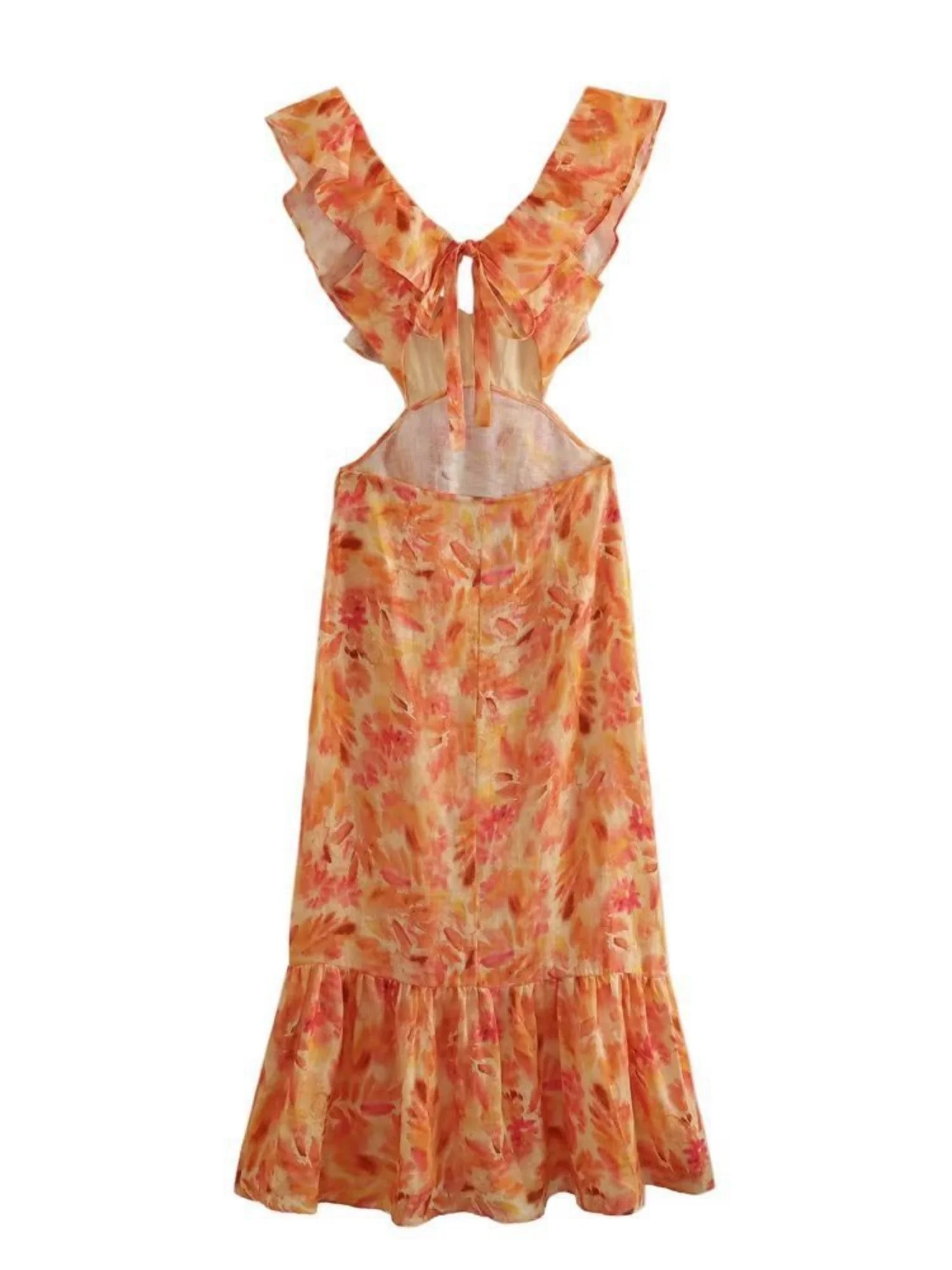 Floral Print Cutouts Revealing The Waist And Back V-neck Suspenders Maxi Dresses - Image 3