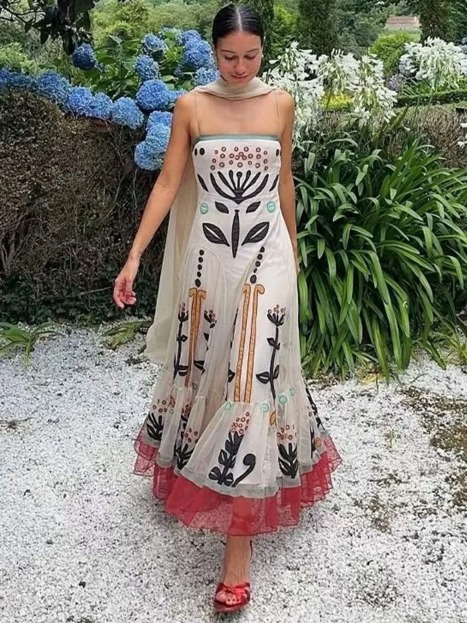Flower Embroidery Tulle Pleats Camisoles Maxi Dresses - Image 3
