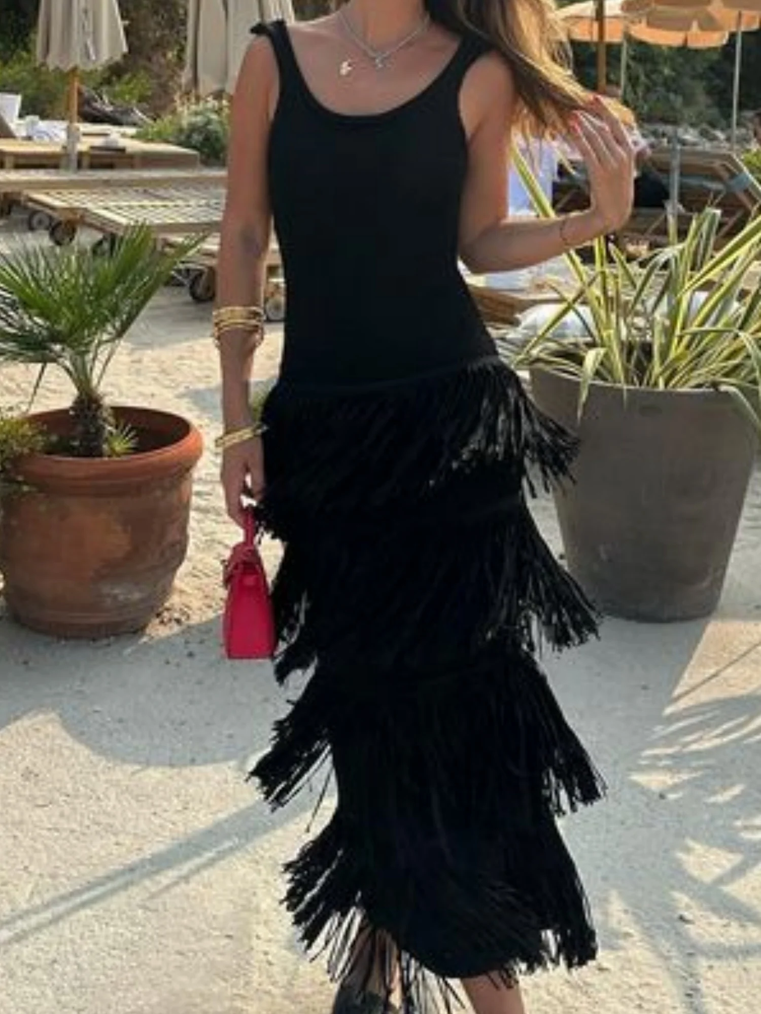 Hem Tassels Camisole Knit Maxi Dresses - Image 5