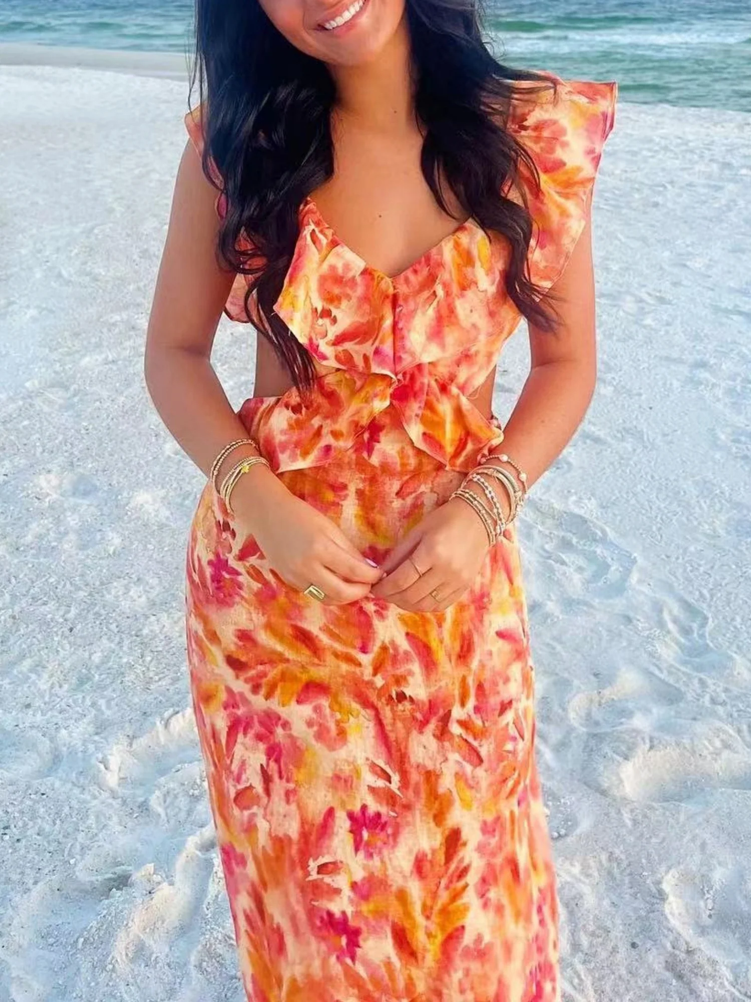 Ruffle V-neck Backless Strappy Maxi Dresses - Image 2