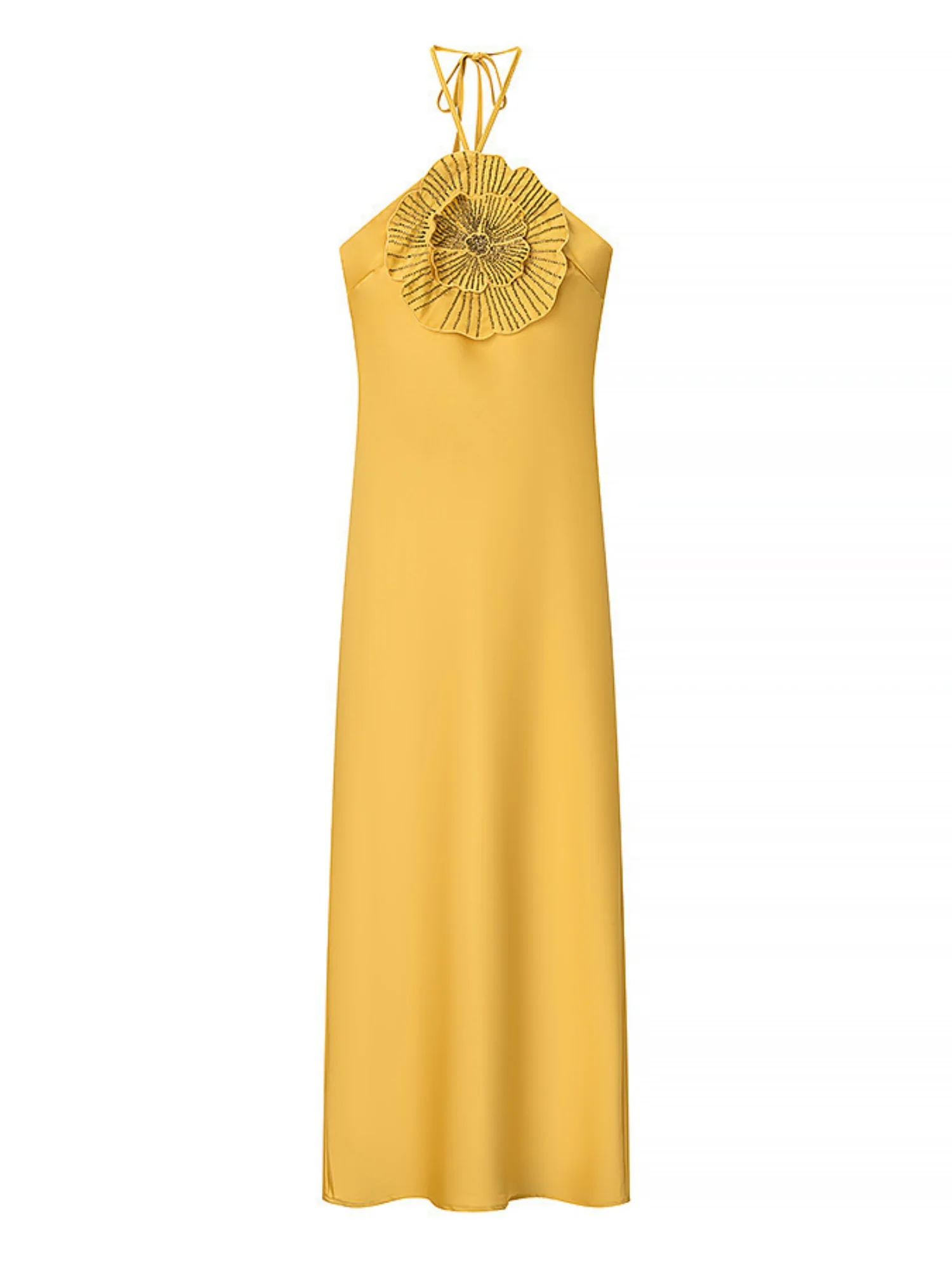 Rhinestone 3D Flower Halter Neck And Backless Satin Maxi Dresses - Image 4