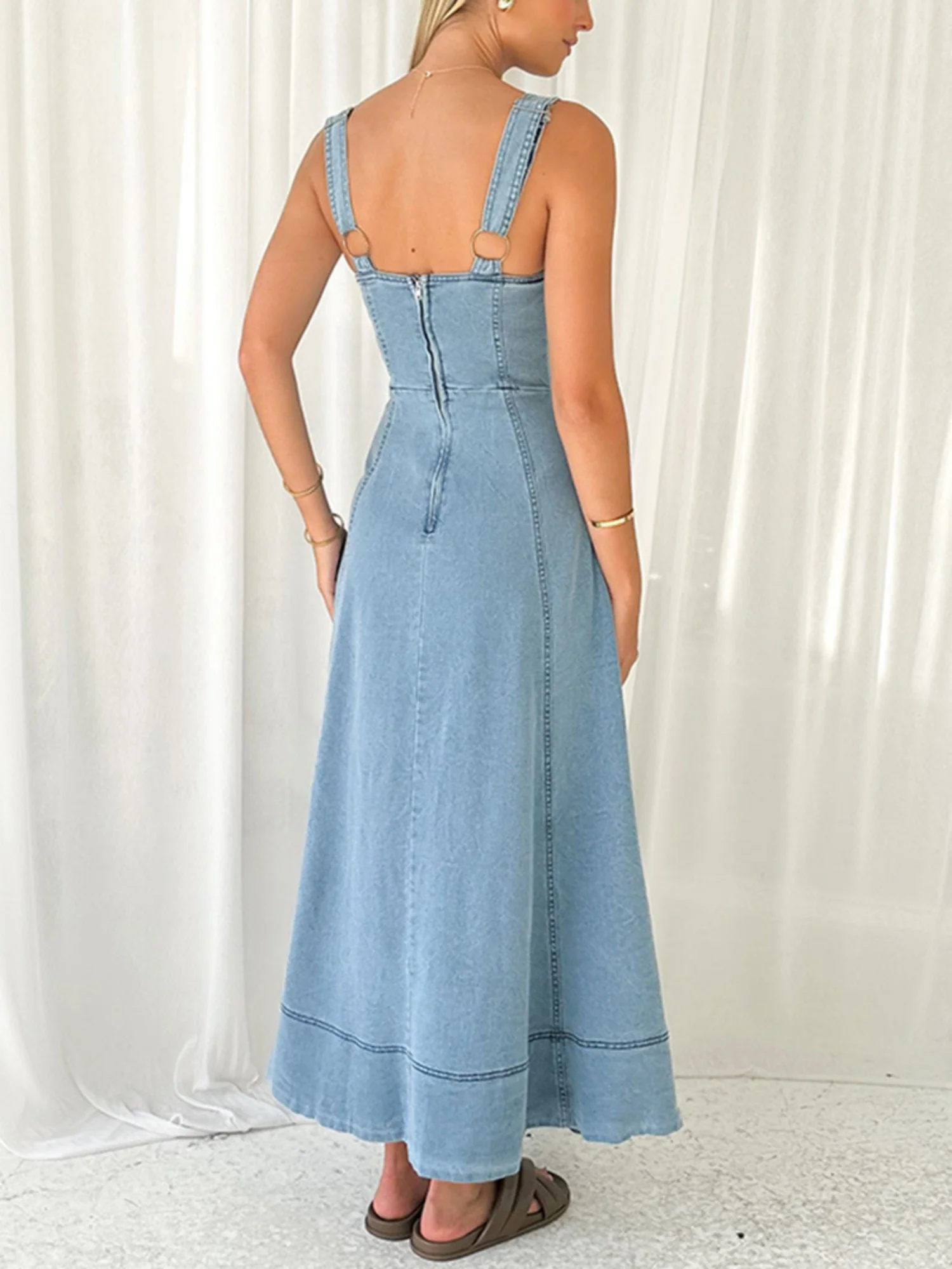 Denim Pocket Buttons Camisoles Maxi Dresses - Image 2