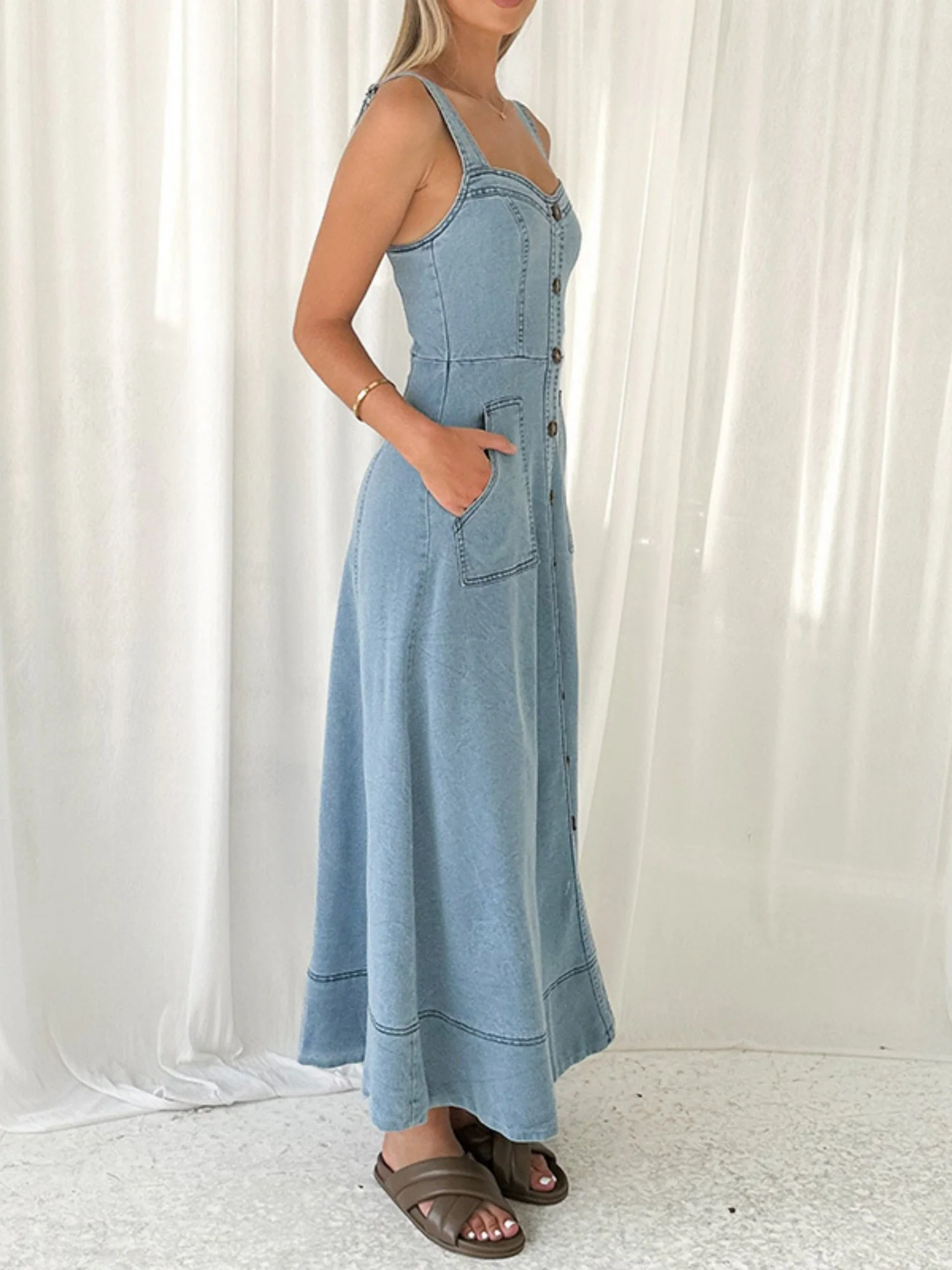 Denim Pocket Buttons Camisoles Maxi Dresses - Image 3