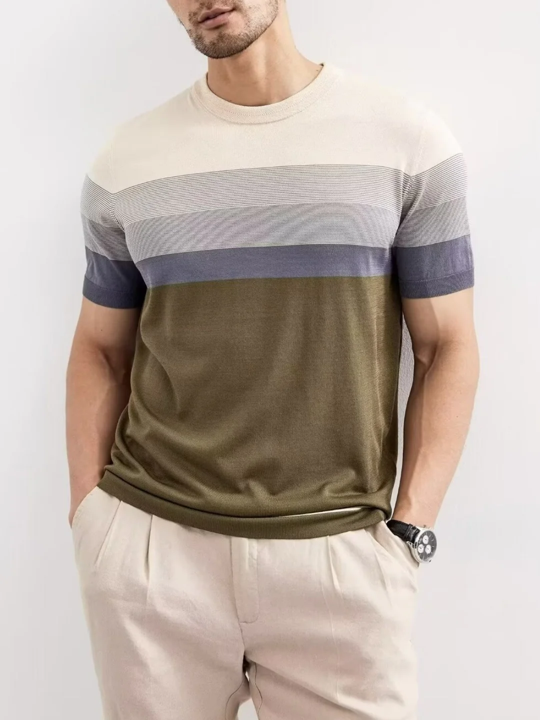 Gradient Stripes Color Matching Slim-fit T-shirts - Image 2