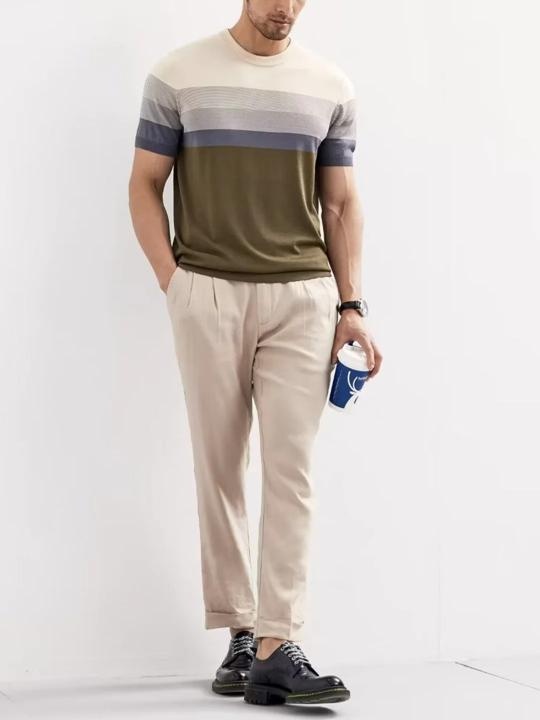 Gradient Stripes Color Matching Slim-fit T-shirts - Image 3