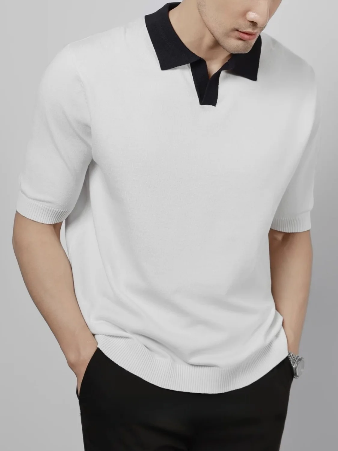 Color Matching Old Money Style Slim-fit Polo Shirts - Image 2