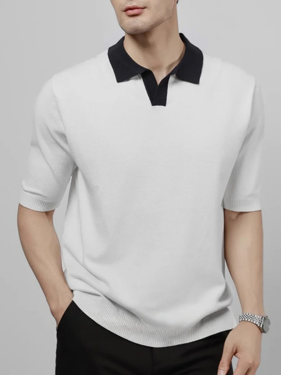 Color Matching Old Money Style Slim-fit Polo Shirts - Image 3